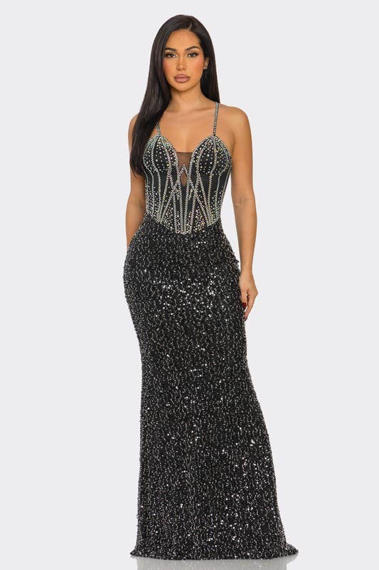 BANJUL – Großhandel Kleid – Damen – Paillettenbesetztes schmales Träger-Maxikleid7