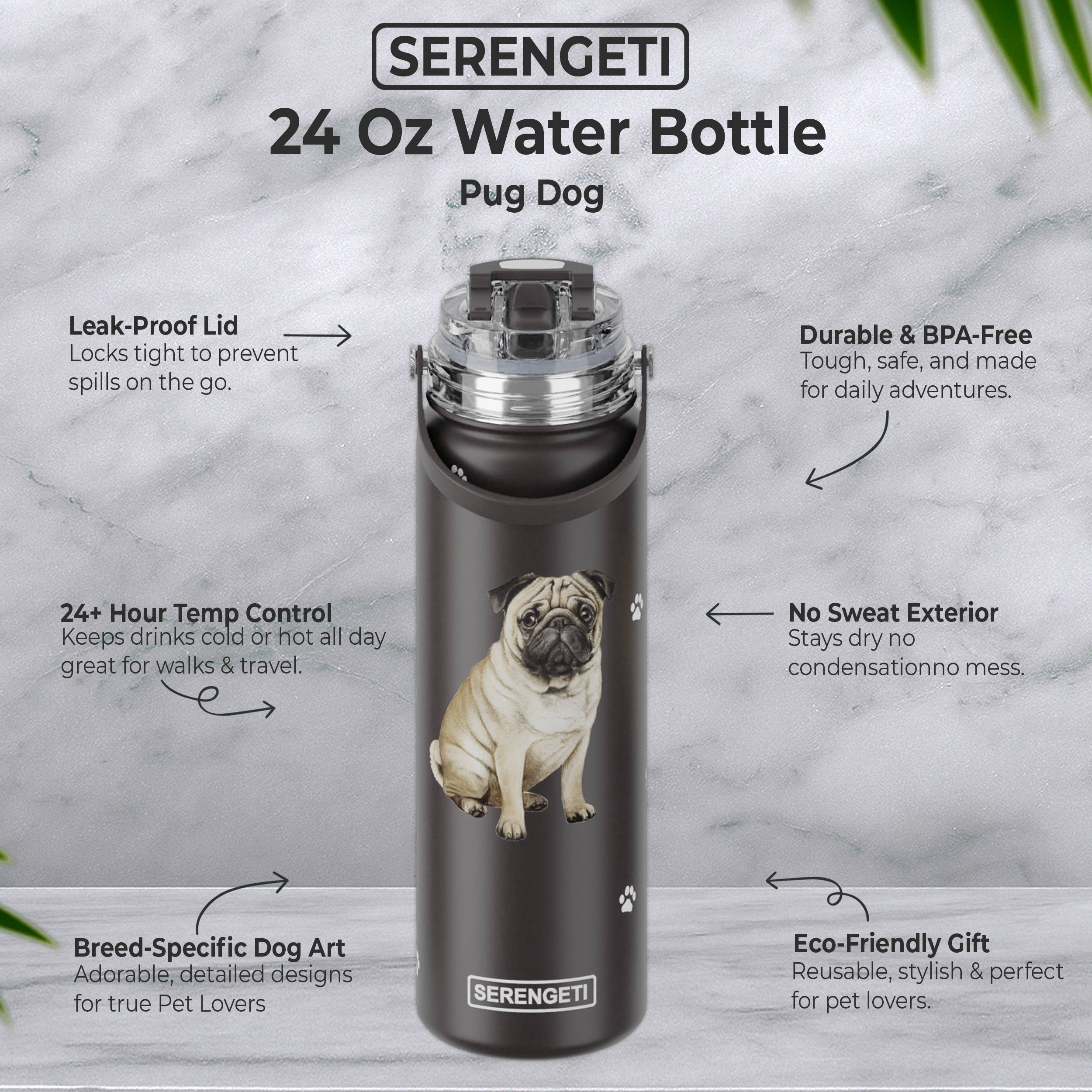 E&S Pets - Wholesale Water Bottle - Pug - Stainless Steel Water Bottle - 24oz - Leak Proof2