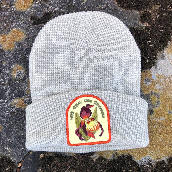 Yellow Lady's Slipper Native Plant Patch Waffle Beanie Hat for wholesale by Solstice Handmade