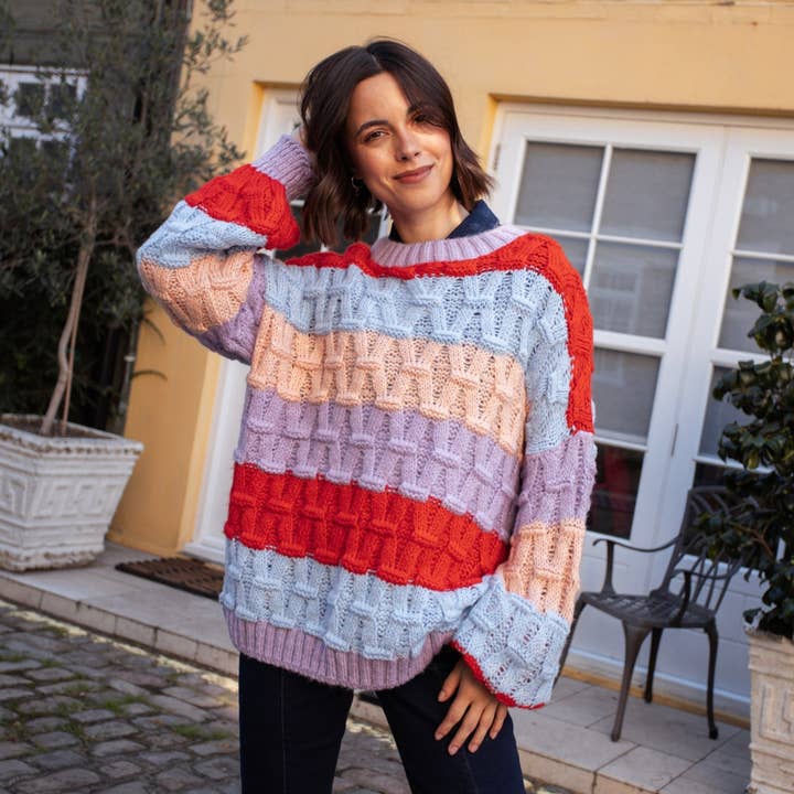 Cara & The Sky – wholesale Knitted jumper – Women′s – Mandy Criss-Cross Stitch Balloon Sleeve Stripe Jumper - Orange22