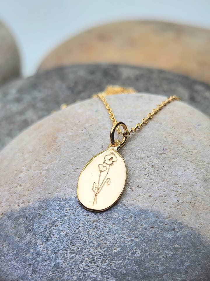 August Geboortebloem Ketting in Klaproos + Goud voor wholesale door Heart and Lotus Sterling Silver Jewelry