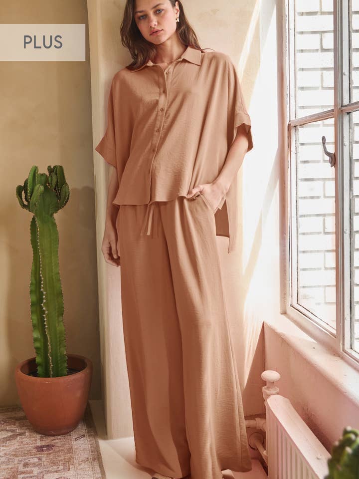 Plus Solid Airflow Shirt & Wide Leg Pants Set for wholesale by Oddi