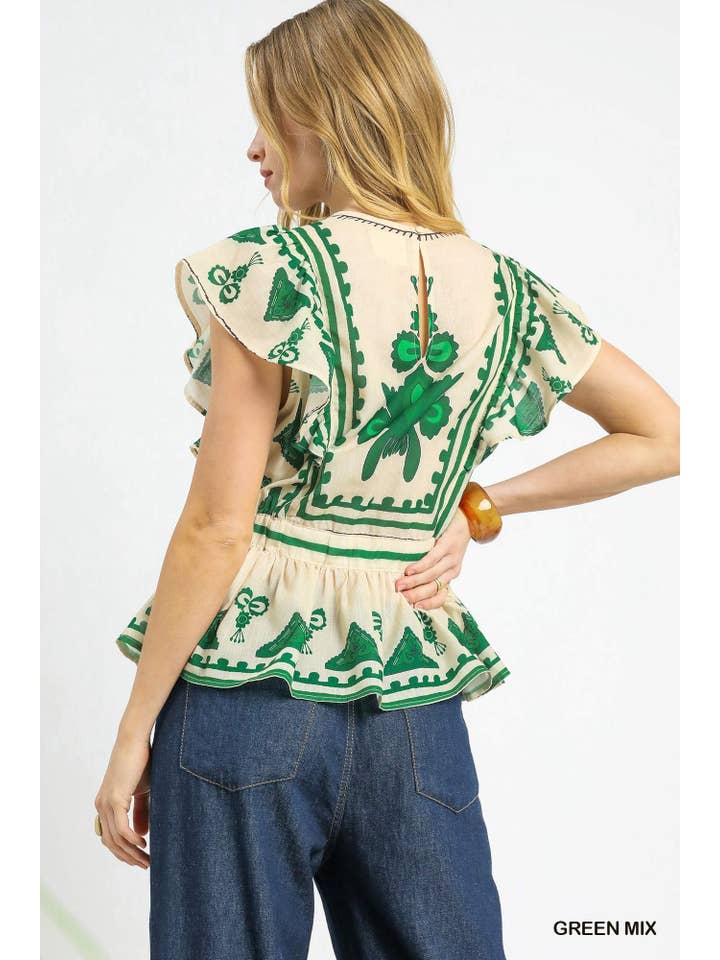Vanilla Monkey - Wholesale Blouse - Women's - Boho Embroidered Ruffle Sleeve Peplum Top