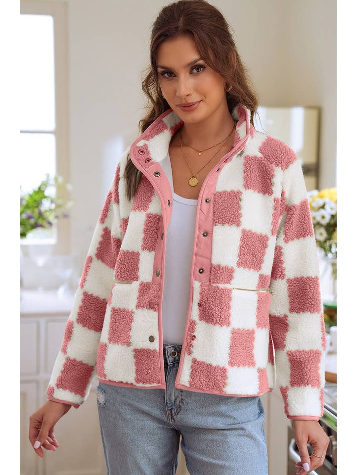 1 the Woman - Wholesale Jacket - Women's - Checked Snap Button Sherpa Jacket