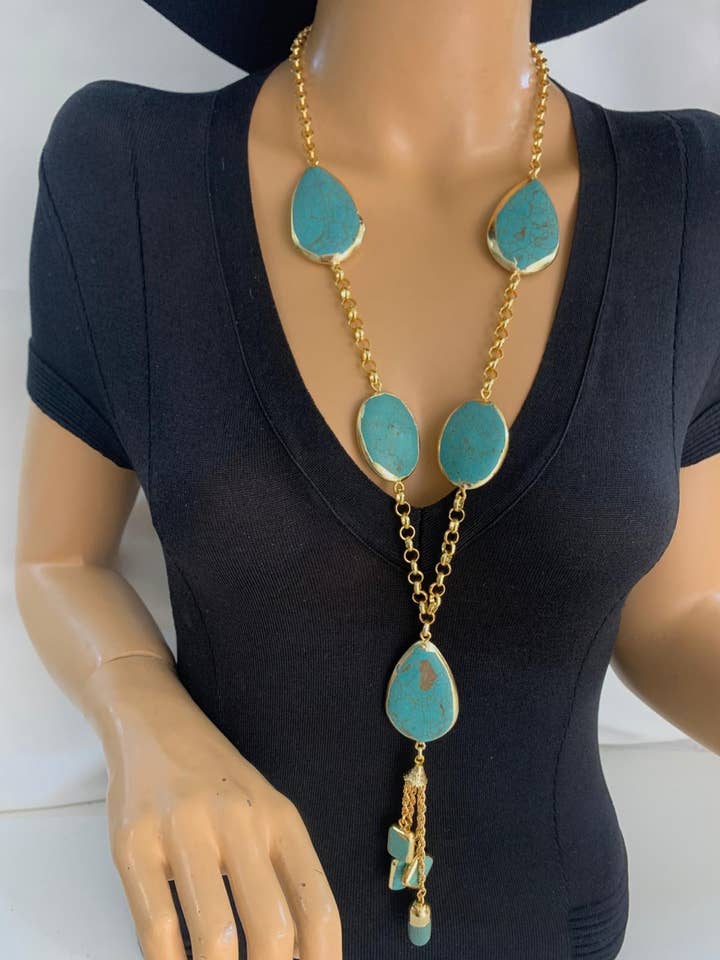 collier plaqué or turquoise pour la vente par BUBU BY TEKIN SHOP