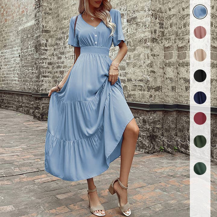 Charming V-Neck Ruffle Midi Dress for wholesale by onatorobi