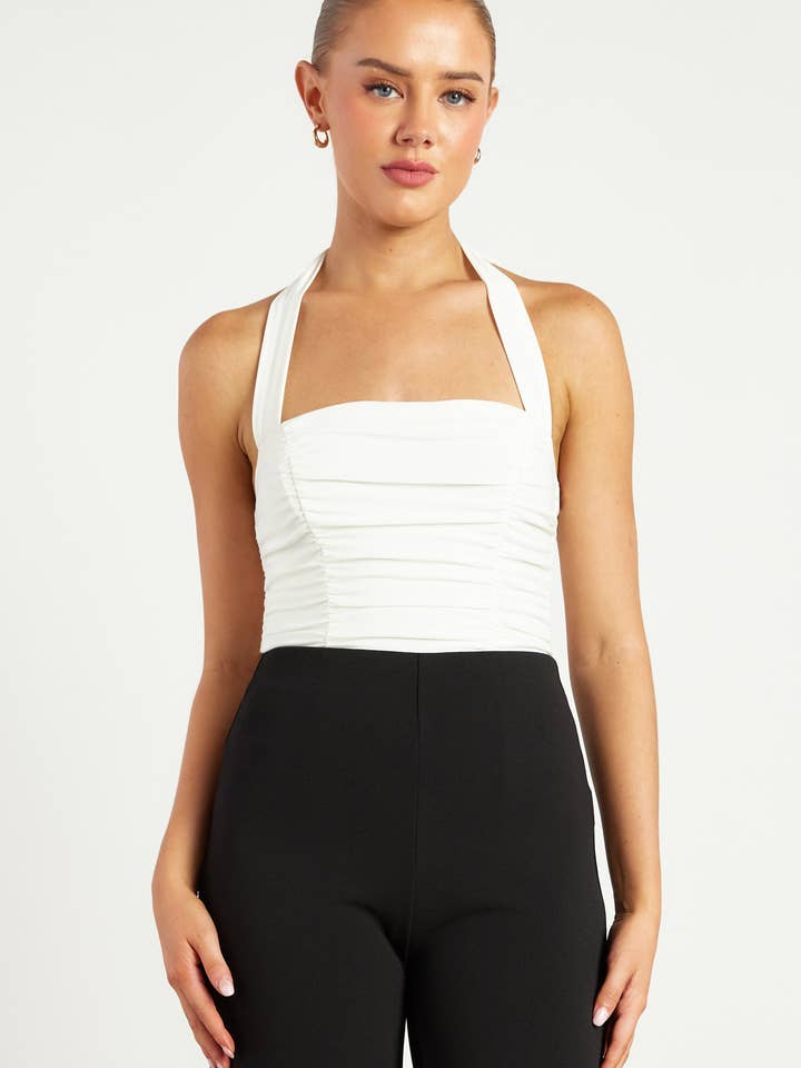 Halter Neckline Ruched Detail Bodysuit for wholesale by Style State Wholesale