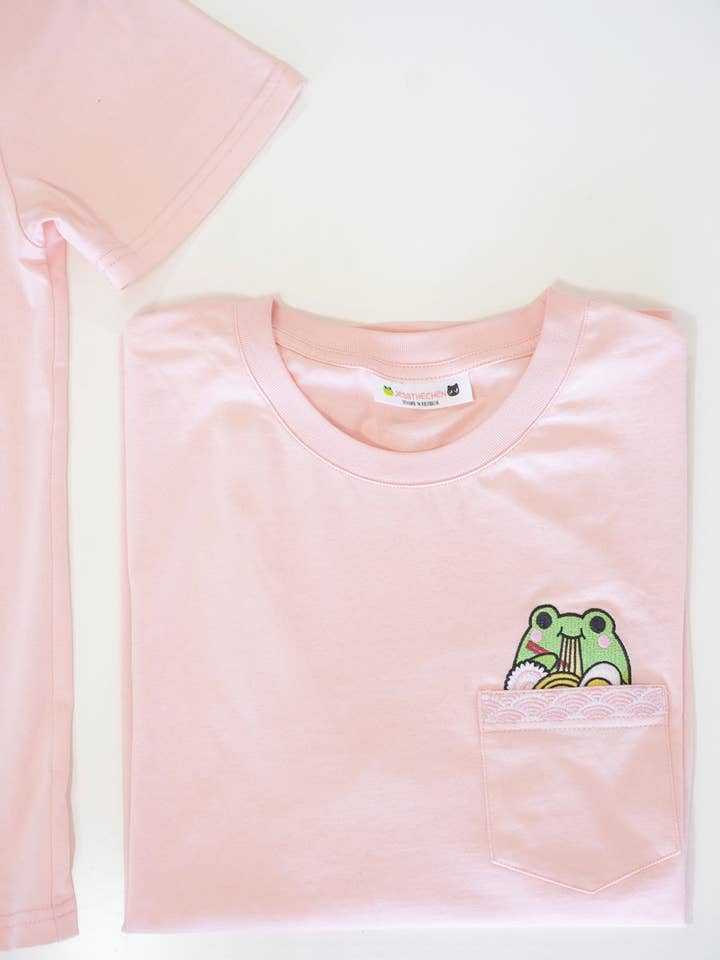 Jessthechen - Wholesale T-Shirt - Unisex - Frog Ramen Embroidered Pocket Tee | Blush Pink2