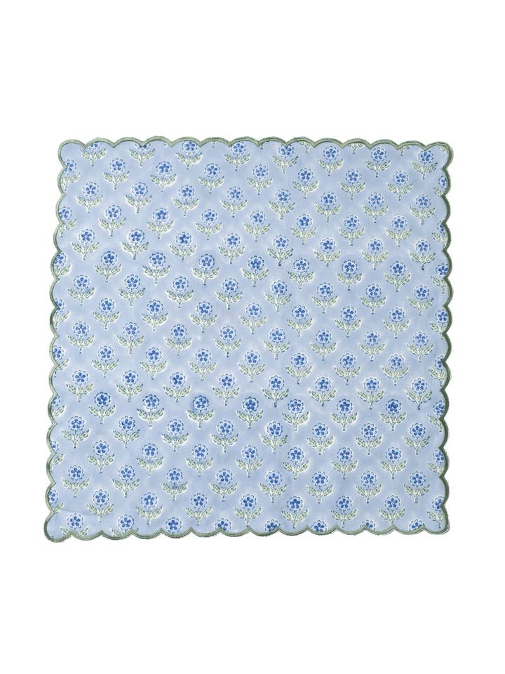 Mona Scallop Embroidered Blockprint Napkins in Blue, Set of 4 for wholesale by Inner Child