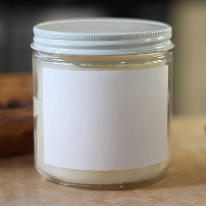 Étiquette blanche | 10 oz | Bocal en verre transparent (sans marque) pour la vente par Curry People Candle Co
