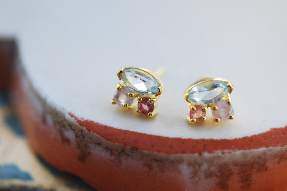POMEGRANATE - Wholesale Stud/Post Earrings - Juliet Blue Topaz, Tourmaline & Rose Quartz Stud Earrings1