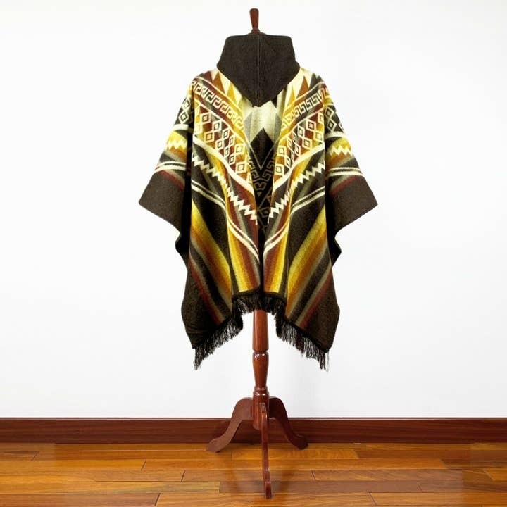 ECUALAMA - Vente Poncho – unisexe - Poncho à capuche en laine d'alpaga unisexe XXL - motif aztèque - MARRON