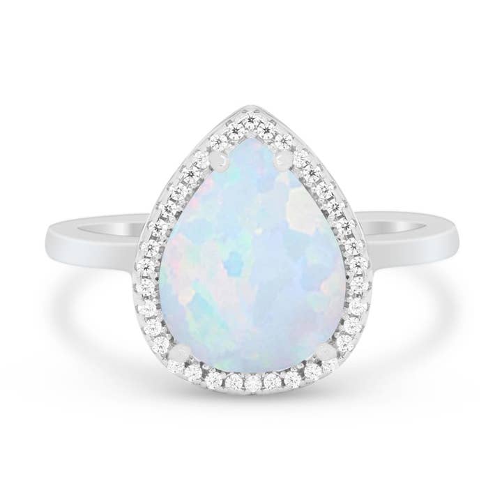 Halo Teardrop Pear Round Lab Created White Opal Wedding Ring for wholesale by Blue Apple Imports