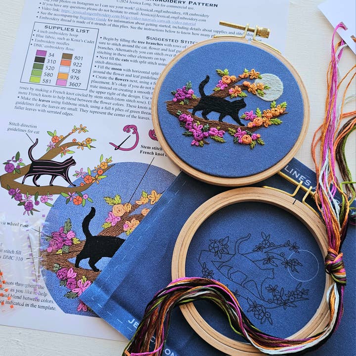Jessica Long Embroidery - Wholesale Embroidery/Cross Stitch Supplies - Mini Black Cat & Full Moon Embroidery Kit