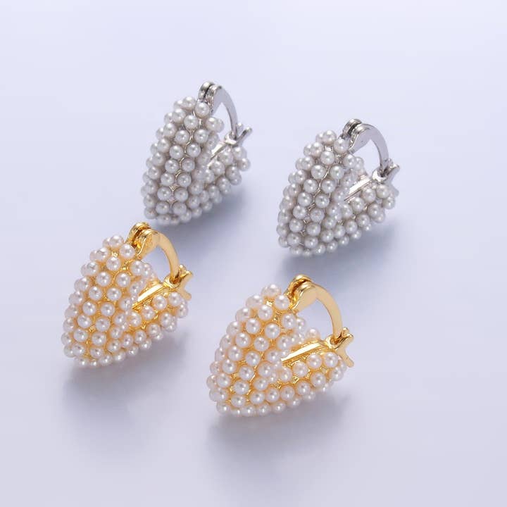 24K Gold Filled Shell Pearl Dotted Heart V-Shaped Latch Hoop in Gold & Silver | AB694 AB695 for wholesale by Aim Eternal