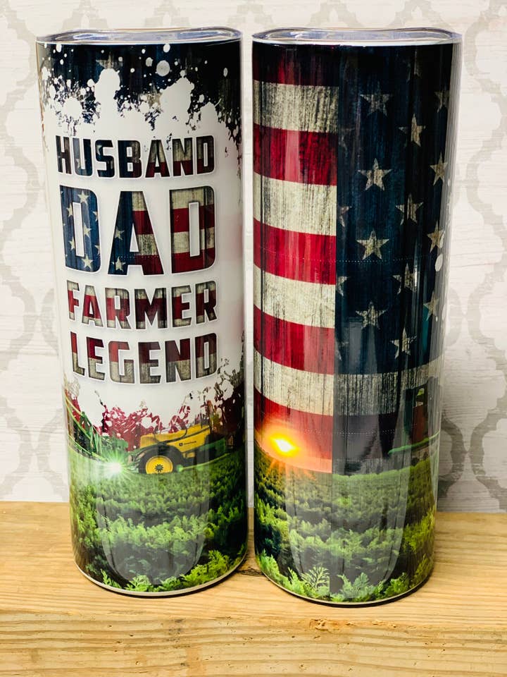 Farmer Dad 20oz skinny stainless steel tumbler for wholesale by Indigo Sky Mercantile