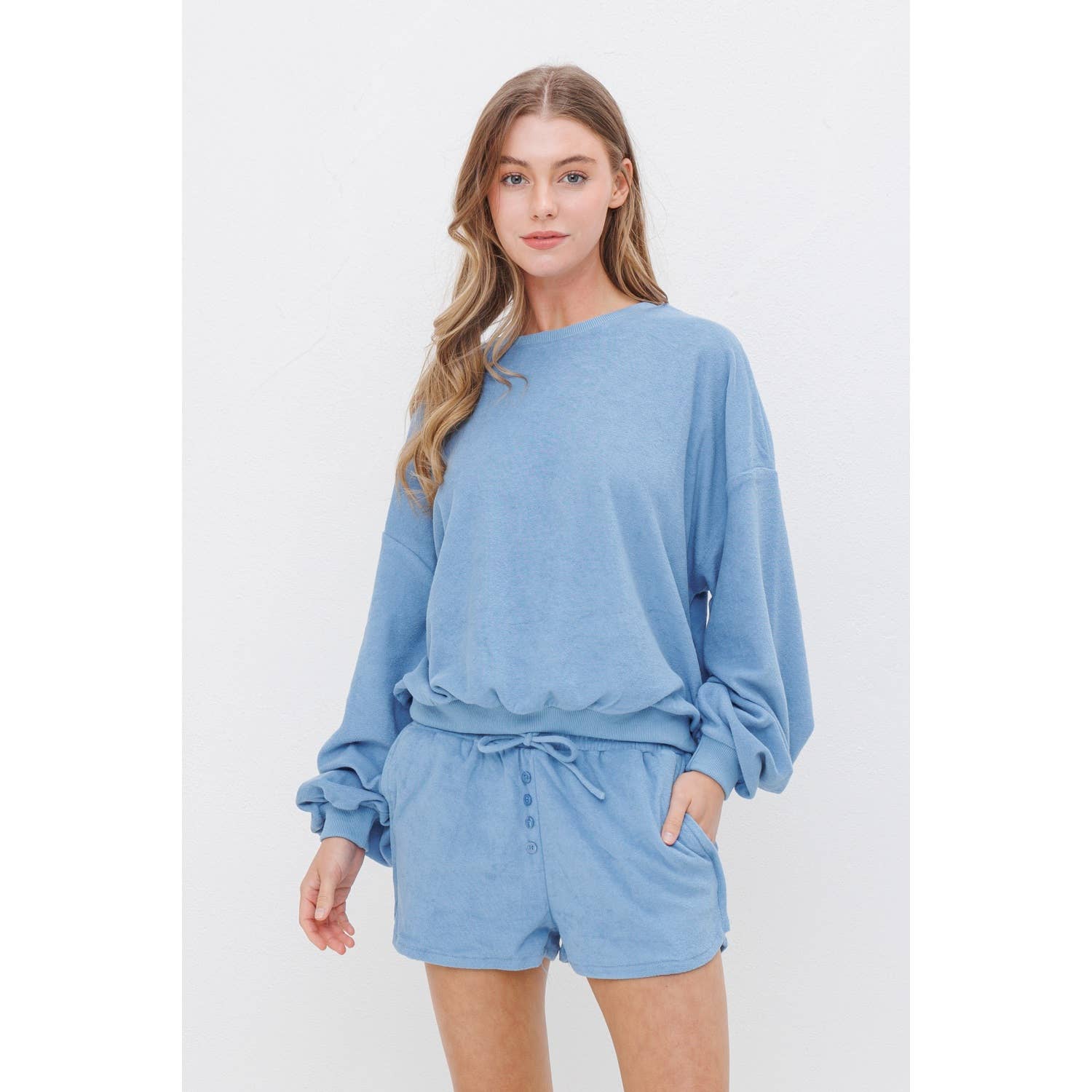 Sweet Generis – wholesale Lounge set – Women's – TOWEL FABRIC SWEATSHIRT AND SHORTS SET24