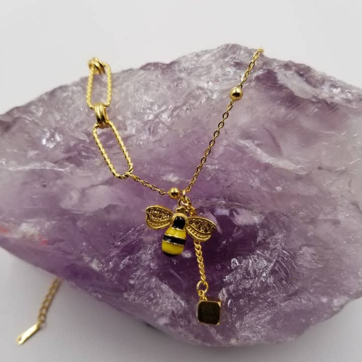 Square Honey Bee Pendant Necklace for wholesale by magnolia jewelry