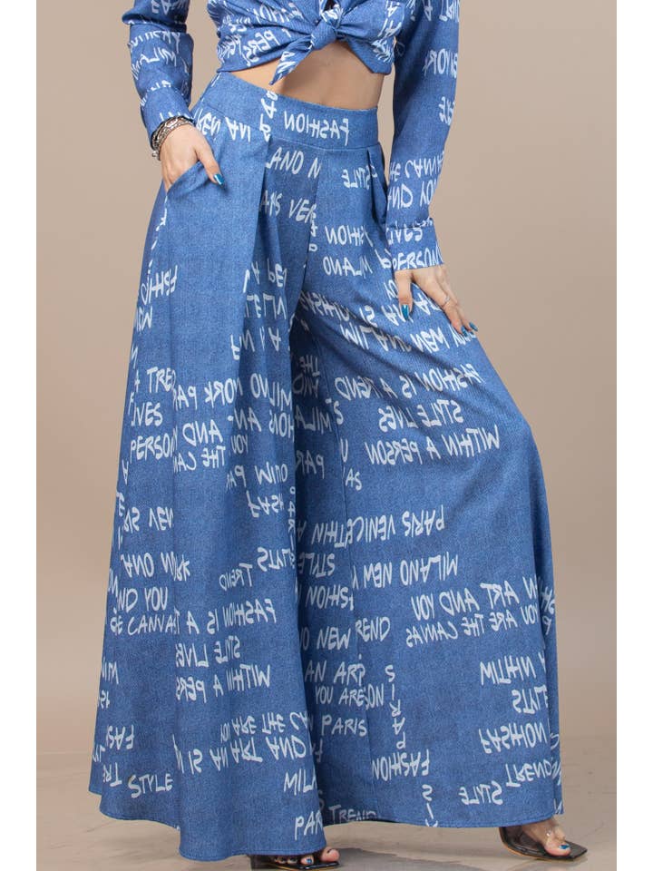 Blue P919-5174-Milano Graffiti Print Wide Leg Palazzo Pants for wholesale on Faire