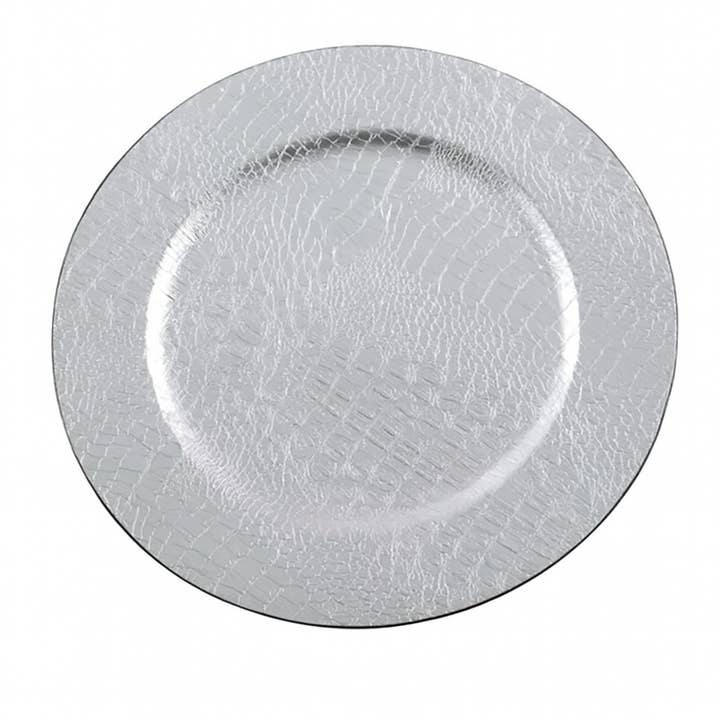 Assiette de présentation 13" motif texturé reptile argenté pour la vente par Fennco Styles