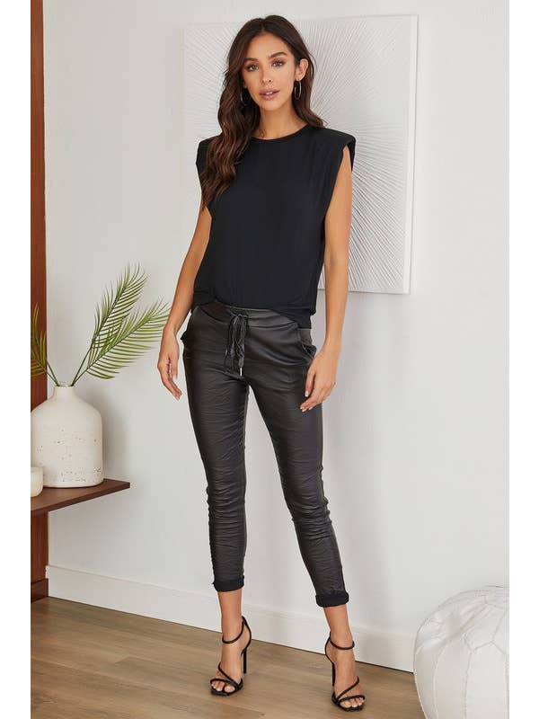 VENTI6 - Wholesale Pants - Women's - SHIMMER DRAWSTRING PU COATED CRINKLE JOGGERS(6526)5