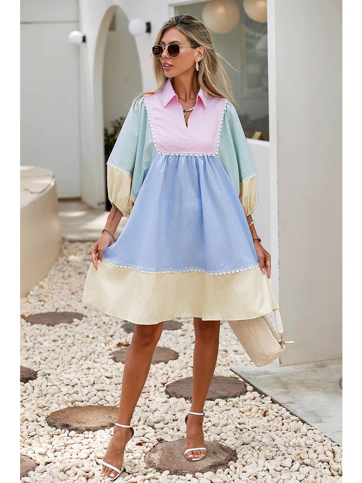 Multi Colored LDC Striped Patchwork Ric Rac Puff Sleeve Collared Dress for wholesale on Faire