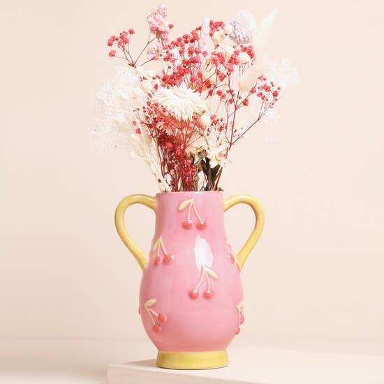 Lisa Angel - Wholesale Vase - Pink and Yellow Embossed Cherry Ceramic Vase