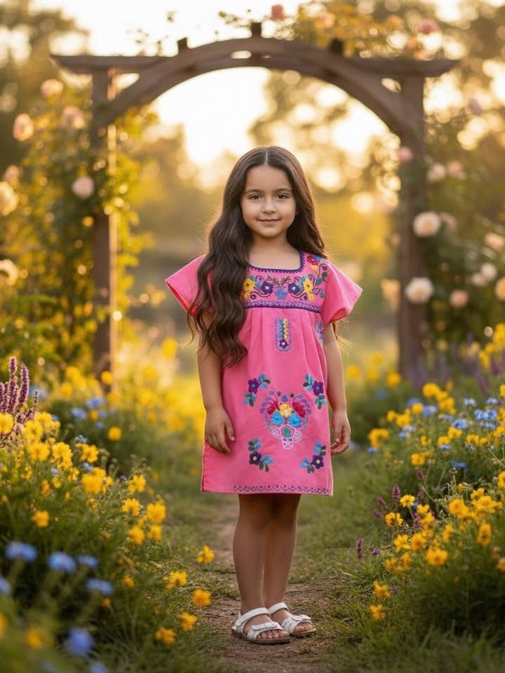 Mexican Puebla Dress for Girls Coral for wholesale by Cielito Lindo