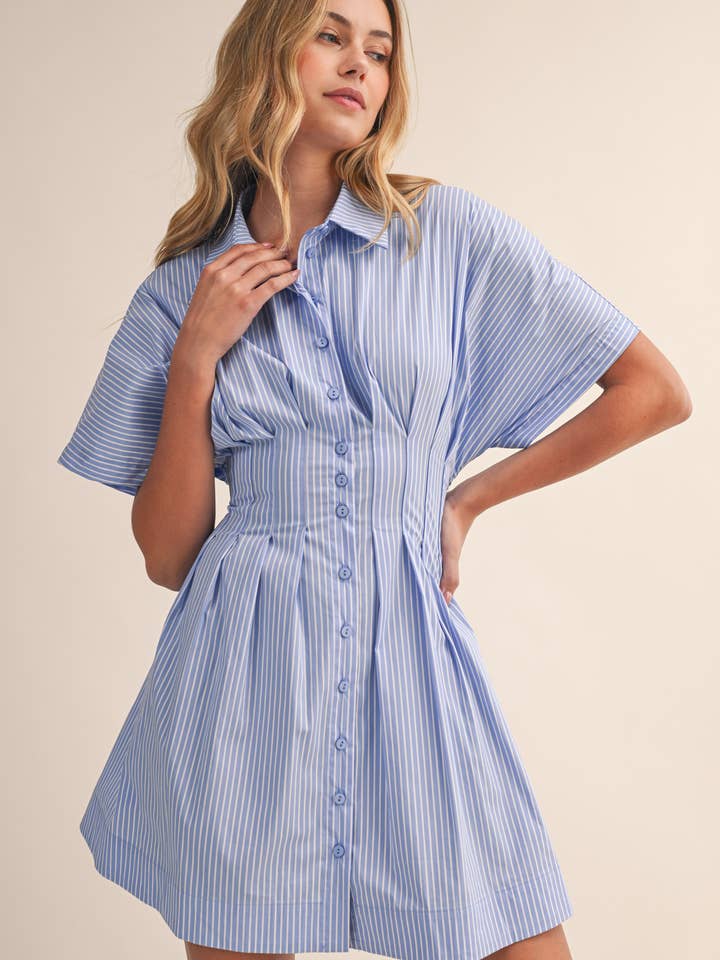 IDA1132 STRIPED SHORT SLEEVE BUTTON DOWN PLEATED DRESS for wholesale by Klesis