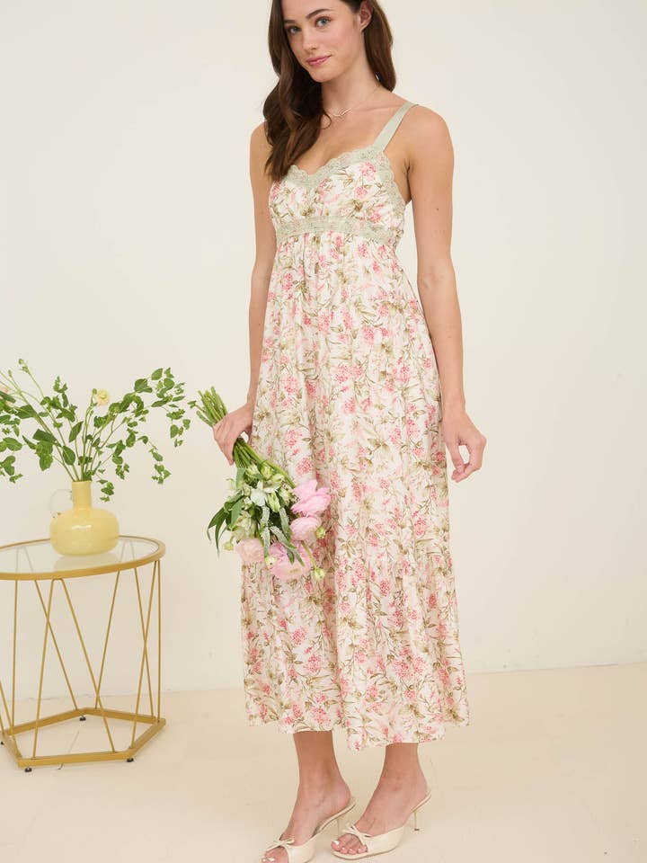 Blu Pepper - Wholesale Dress - Women's - FLORAL LACE TRIM RIBBON STRAP BACK TIE MIDI DRESS