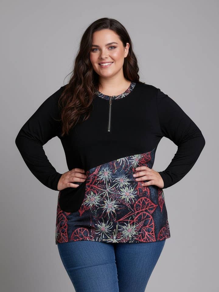 Plus size semi-printed tunic with zip collar (C6243) for wholesale by Pomme Rouge Paris