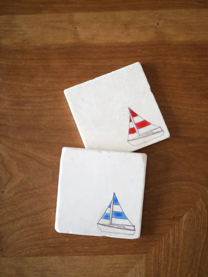 Sailboats Marble Coaster Set of 2 for wholesale by Lace, Grace & Peonies Marble Coasters
