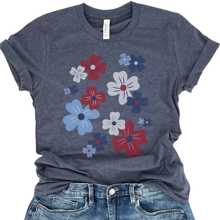 4th of July graphic t-shirt, Red white blue flowers, Women's for wholesale by ATTA TOOD LLC