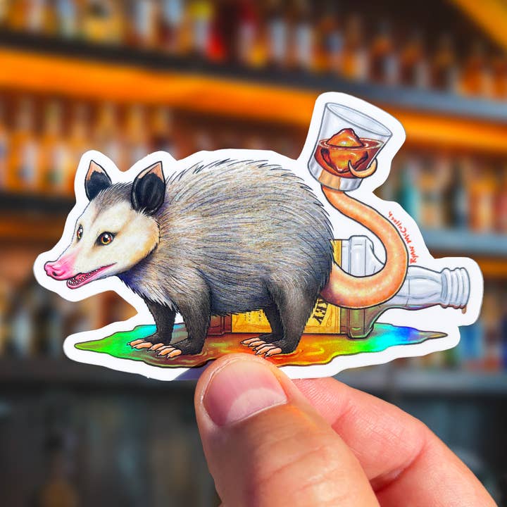 Ryan McCulloch Art - Wholesale Sticker - HOLOGRAPHIC STICKER: "Pick Your Poison" Possum: WHISKY