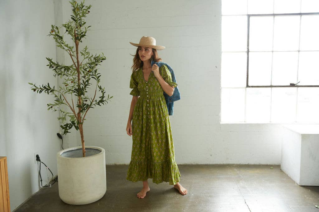 The Fox and The Mermaid – wholesale Dress – Women's – Tatiana Block Printed Dress (Olive) 4