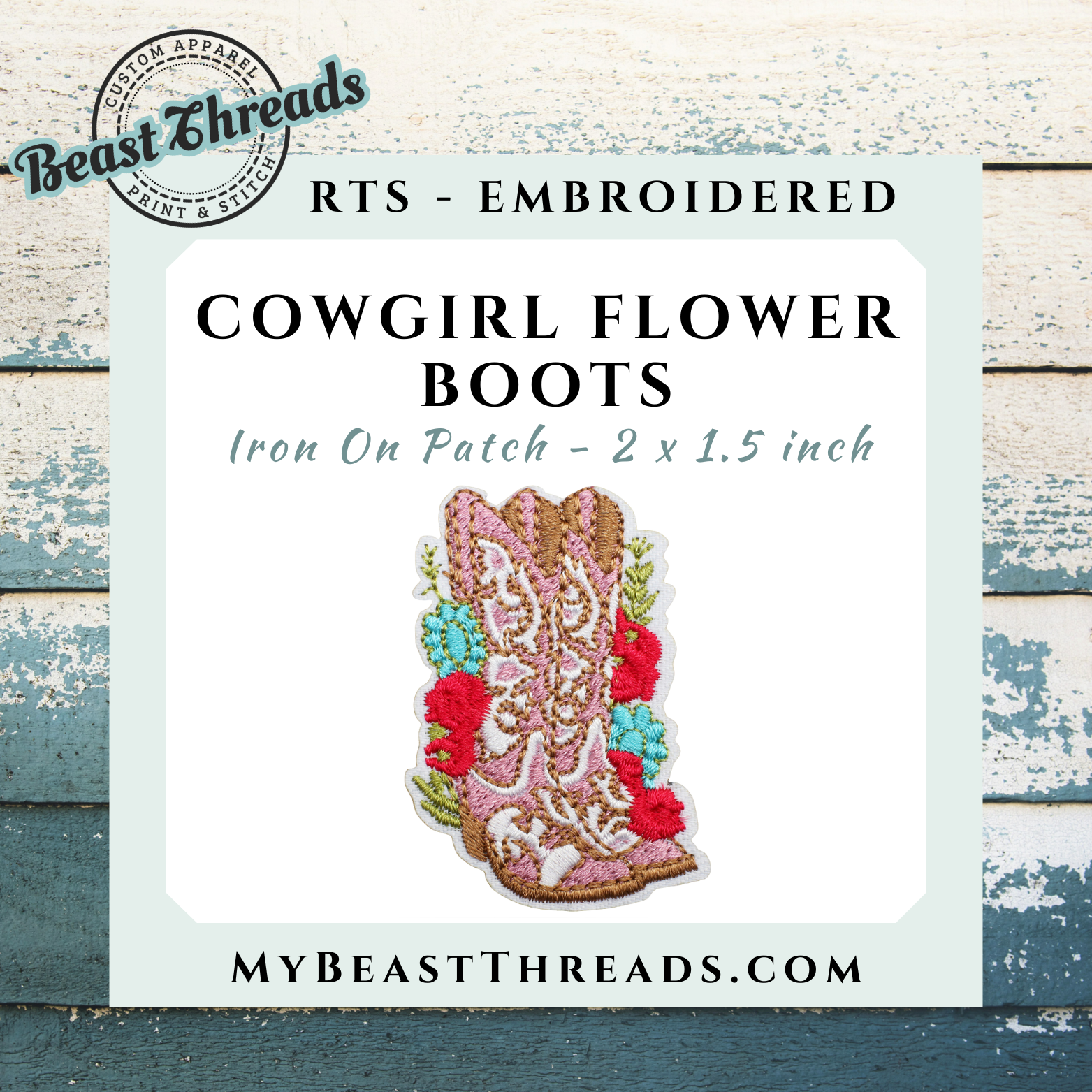 Beast Threads LLC - Wholesale Patch - Cowgirl Flower Boots Embroidered Patch0