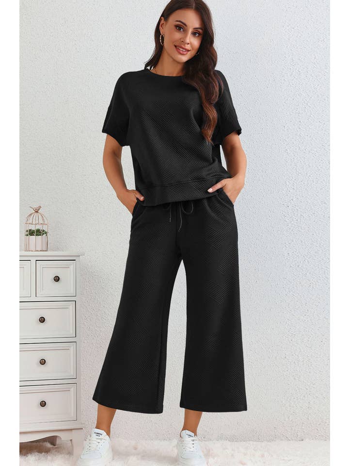 LA Society - Wholesale Lounge Set - Women's - Textured Loose Fit T Shirt and Drawstring Pants Set (S-2XL)