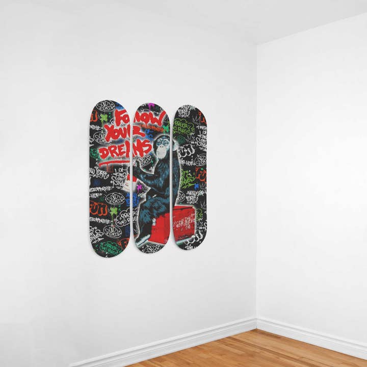 Banksy Follow Your Dreams Graffiti Skateboard Wall Art Gallery wrapped Maple Wood Ready To Hang for wholesale by SkateboardArtsy