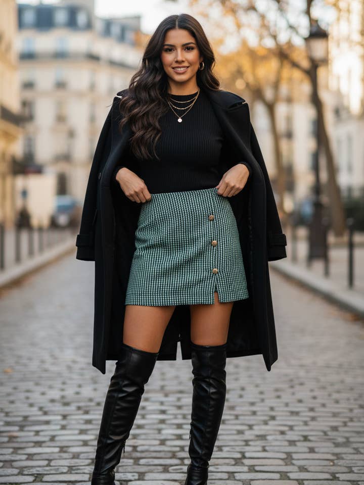 Saia de Tweed com Botões Dourados por atacado de Amy & Clo Invogue