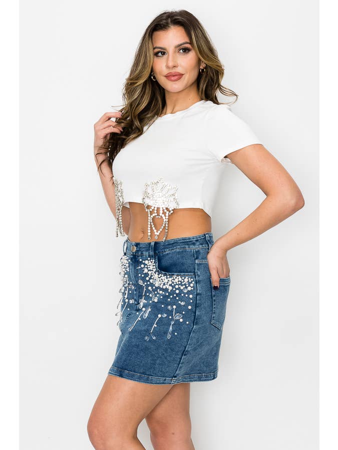 SALT - Wholesale Skirt - Women's - (SK1947) Denim Skirts with Pearls and Crystals (3 colors)