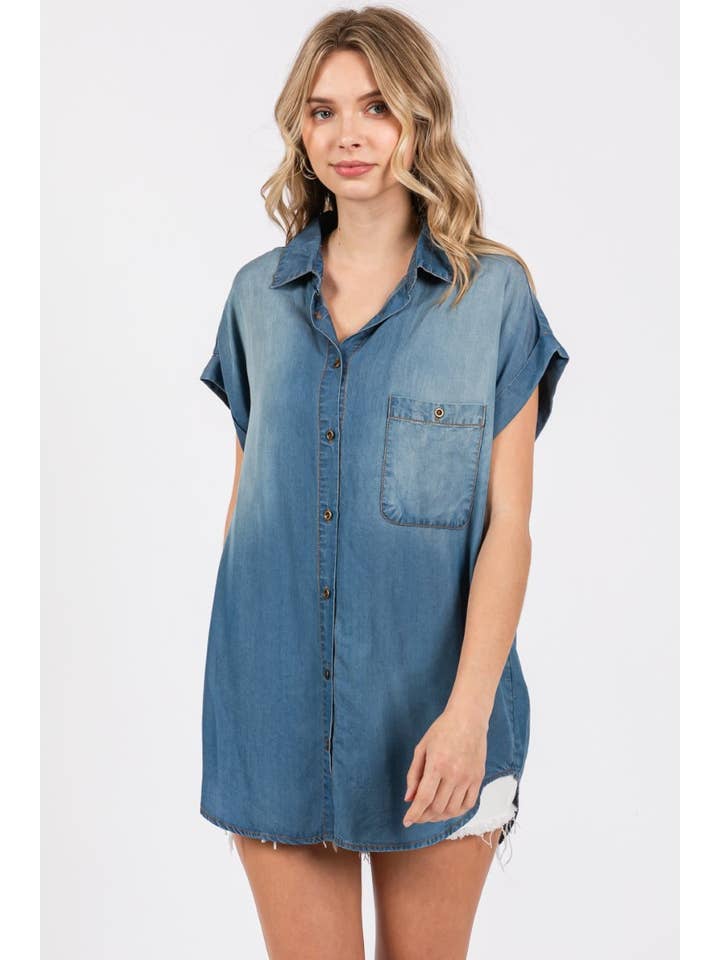 ZiA Apparel - Vente Chemise à col boutonné – femme - Chemise à manches courtes retroussées lavée