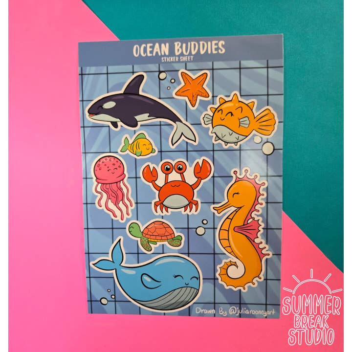 Ocean Buddies 5 x 7 inches Vinyl Sticker Sheet for wholesale by Summer Break Studio