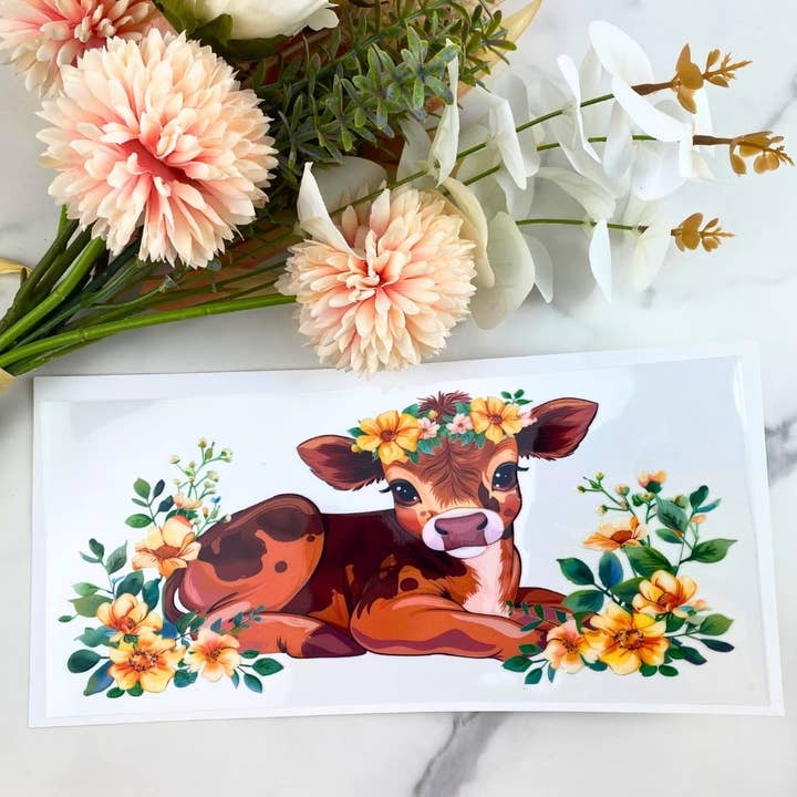 Baby Cow Yellow Flowers | 16 oz UV DTF Wrap for wholesale by HKS Custom Designs