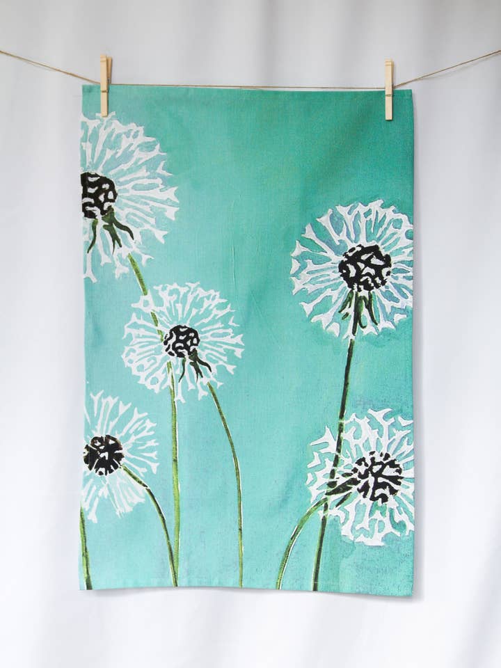 Dandelions on Aqua Tea Towel for wholesale by India & Purry by Jessica Hollander