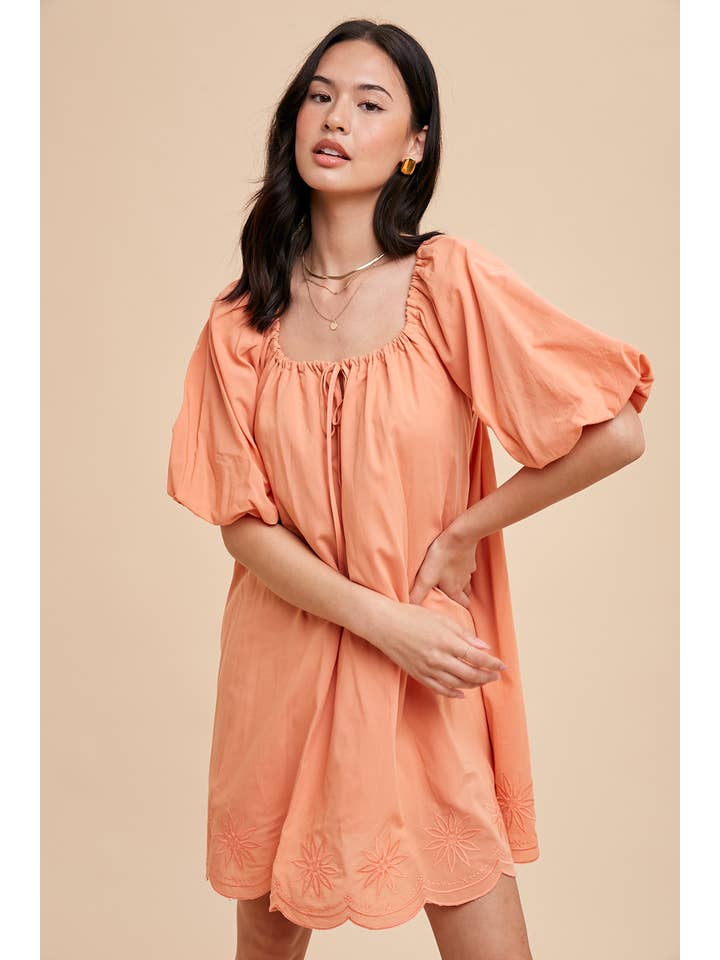 APRICOT CRUSH PUFF SLEEVE EMBROIDERED COTTON MODAL DRESS for wholesale on Faire