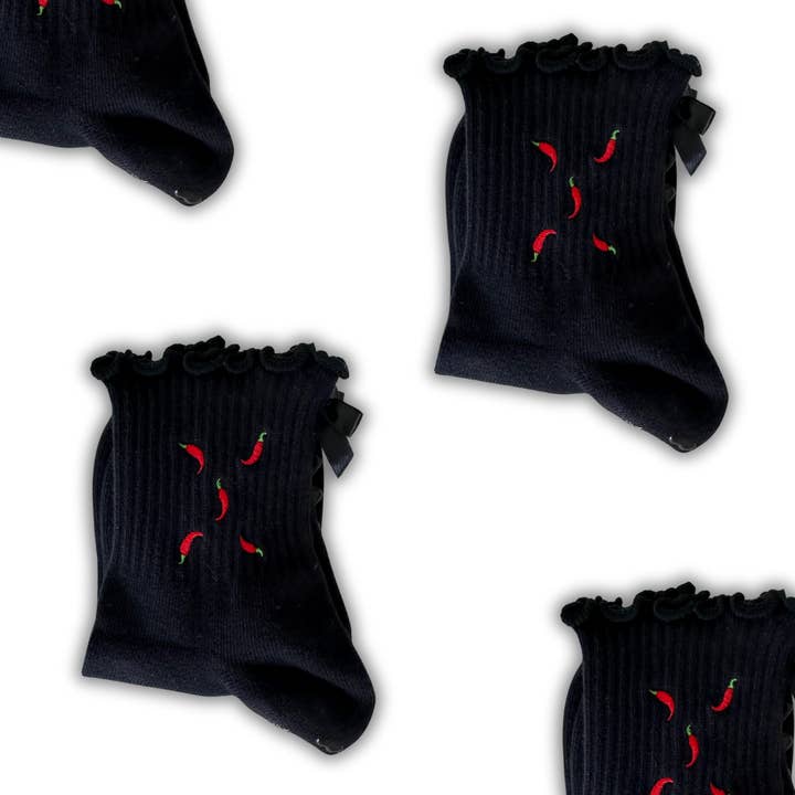 Black ruffle red hot chili pepper grip socks for wholesale by MollyGraceGripSocks