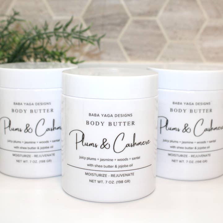 Plum Cashmere Body Butter 7 oz, Winter Skin Moisturizer for wholesale by Baba Yaga Designs LLC