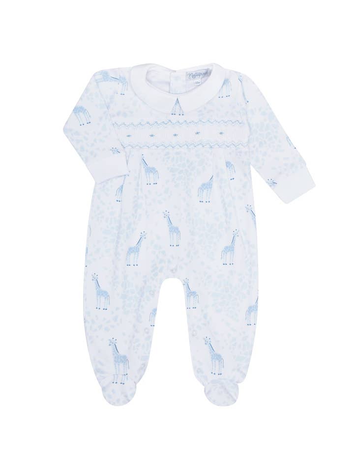 Blue Giraffe Print Smocked Footie for wholesale by Nellapima