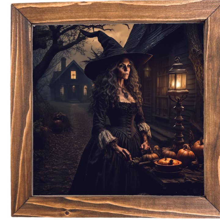 Colonial Witch Halloween-indretning TRYKT INDRAMMET SKILT for engroshandel hos Teele and Co.
