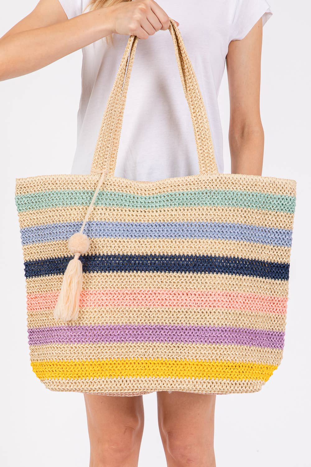 MiMi Wholesale - Wholesale Tote Bag - Women's - Amara Striped Crochet Women's Tote Bag with Tassel14